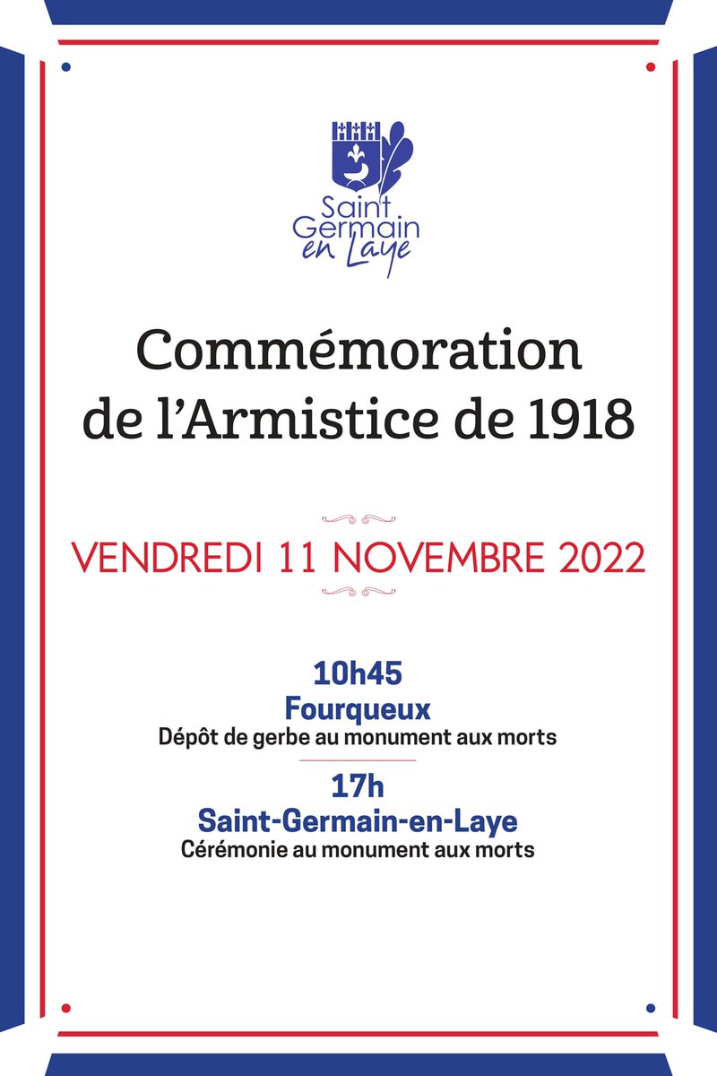 Arnaud_Pericard's tweet photo. Dans une semaine, nous commémorons l’#Armistice du #11novembre1918 🇫🇷 

À cette occasion, nous vous invitons à participer aux commémorations à #SaintGermainenLaye, #Fourqueux et #MareilMarly ainsi qu'à la retraite aux flambeaux qui aura lieu à 17h30 à Saint-Germain-en-Laye. https://t.co/B7xYofXSkt