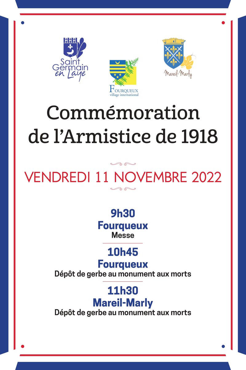 Arnaud_Pericard's tweet photo. Dans une semaine, nous commémorons l’#Armistice du #11novembre1918 🇫🇷 

À cette occasion, nous vous invitons à participer aux commémorations à #SaintGermainenLaye, #Fourqueux et #MareilMarly ainsi qu'à la retraite aux flambeaux qui aura lieu à 17h30 à Saint-Germain-en-Laye. https://t.co/B7xYofXSkt
