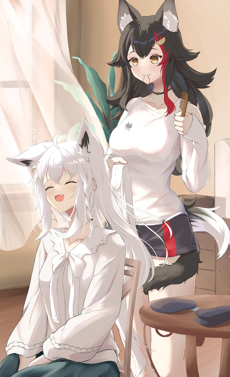 ookami mio ,shirakami fubuki sidelocks multiple girls fox girl animal ears single braid wolf girl hair between eyes  illustration images