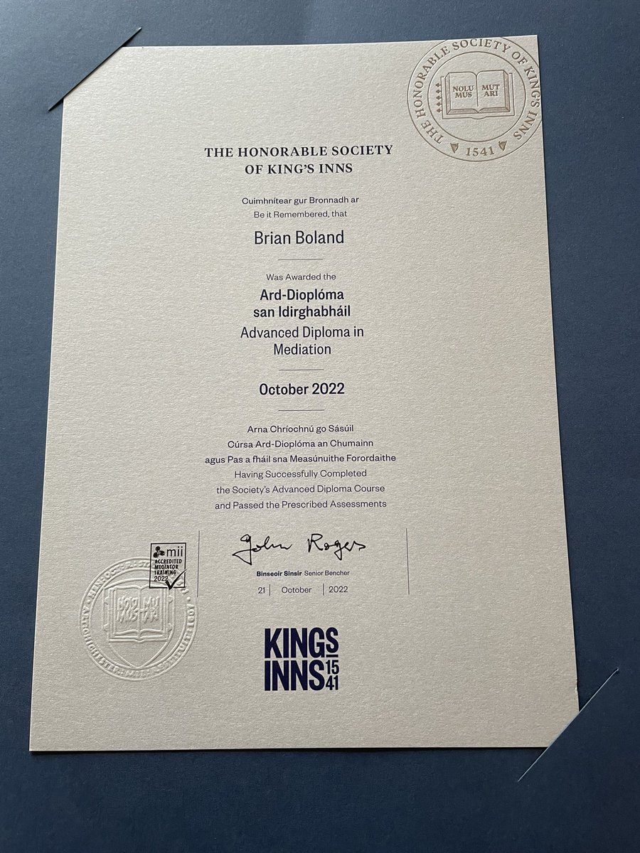BrianDeG's tweet photo. Thank you @KingsInns and @MediatorsInstit Delighted!! Excellent course. Nice qualification to have. #mediation https://t.co/LA20SvU6Ky