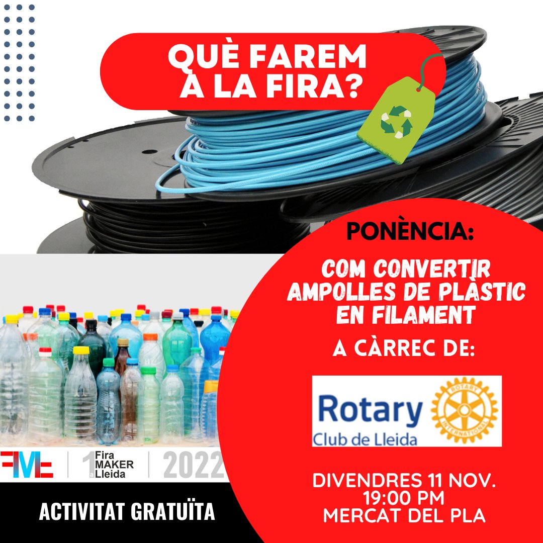firamakerlleida's tweet photo. ♻💻Si et criden l'atenció la sostenibilitat i el reciclatge, no et perdis la ponència de: "Com convertir ampolles de plàstic en filament. per a impressió 3D." A càrrec de Rotary Club de Lleida.

🕐 Divendres 11 de novembre a les 19:00 pm al Mercat del Pla

😎 Activitat Gratuïta https://t.co/3KU4qClWgN