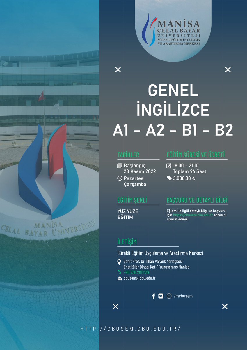 MCBÜ Sürekli #Eğitim Uygulama ve Araştırma
Merkezi #MCBÜSEM bünyesinde Genel #İngilizce Eğitimi başlayacaktır. Detaylı bilgi için
📢u.mcbu.edu.tr/0u9 📞02362011139

<a href="/mcbusem/">MCBÜSEM</a> #İngilizceA1 #İngilizceA2 #İngilizceB1 #İngilizceB2
#ManisaCelalBayarÜniversitesi #MCBÜ 
#dileğitimi