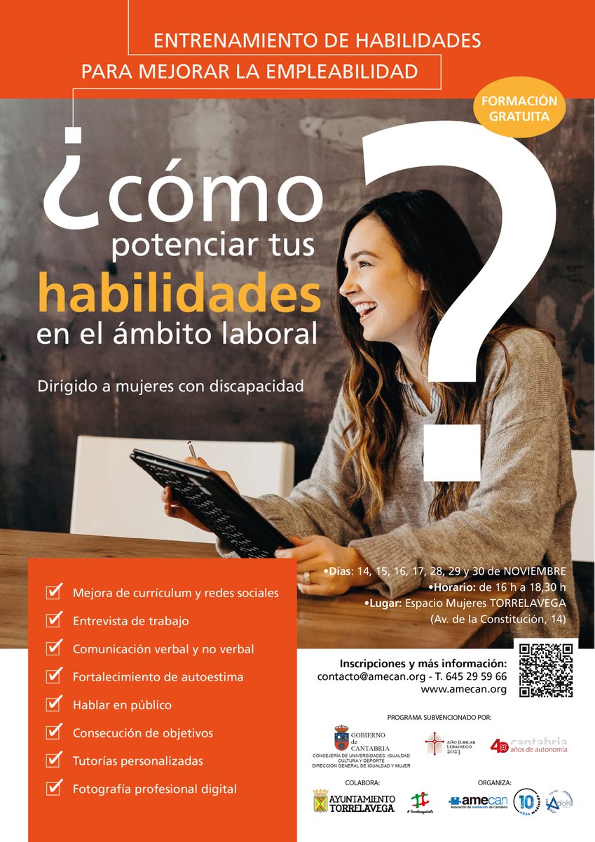📯Nuevo Programa: Entrenamiento de Habilidad para mejorar la empleabilidad. 
📌En Torrelavega (Espacio Mujeres)
📅 Comienzo el 14/11/22
📞📧Inscripciones e información en: contacto@amecan.org y 645295966.
Más info: amecan.org/entrenamiento-…
