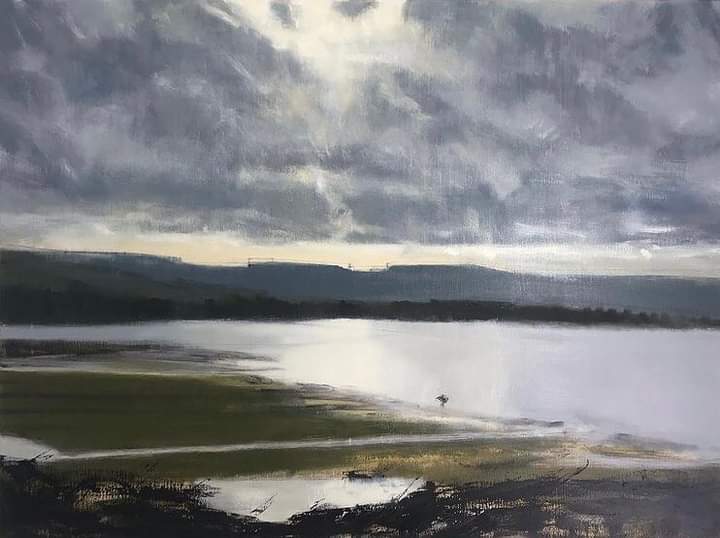 Oil on canvas laid on panel (a studio work). Developing this 110 cm painting’s light, space, surface and composition. 
A panorama of a river valley. A moving sky with sheer light reflected on water. 
#wetlandsconservation 
#sussexlandscape 
#waterways  
#enpleinairpaintings