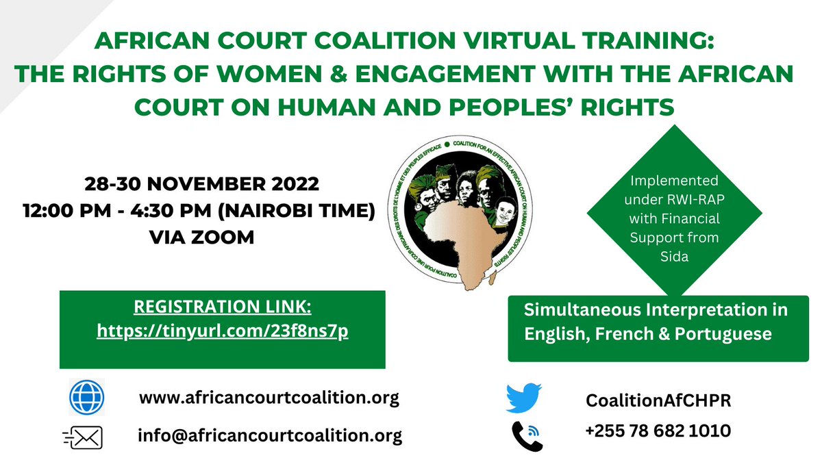 The Coalition for an Effective African Court (@coalitionafchpr) on Twitter photo Are you interested in the Rights of Women in Africa & How to Engage the African Court <a href="/court_afchpr/">African Court</a> on such issues? REGISTER NOW for our Virtual Training:
tinyurl.com/23f8ns7p Are you interested in the Rights of Women in Africa & How to Engage the African Court <a href="/court_afchpr/">African Court</a> on such issues? REGISTER NOW for our Virtual Training:
tinyurl.com/23f8ns7p