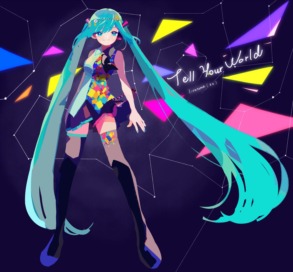 初音ミク「100日目 :: Tell Your World / livetune ( kz」|色田｜𝙎𝙃𝙄𝙆𝙄𝘿𝘼💌5月デザフェス両日【B-33】のイラスト