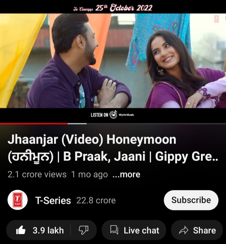 #Jhaanjar song trending again on YouTube on no6💥🎉 Crossed 21M + 1.5M +views in total💥🥰❤ So proud and happy 😊 #Honeymoon #JasminBhasin #GippyGrewal #Bpraak