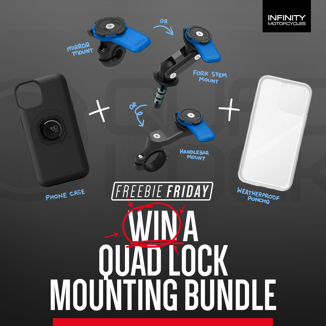 InfinityMoto's tweet photo. IT'S FREEBIE FRIDAY 💥

3 lucky winners could nab a phone bundle from Quad Lock!
Including:
1x Phone case 
1x Motorcycle Mount of your choice
1x Weatherpoof Poncho

To enter: 
1. Follow 
@InfinityMoto
2. RT this post
3. Reply to tell us what phone you have &amp; which mount you want! https://t.co/Z970iV8tDA