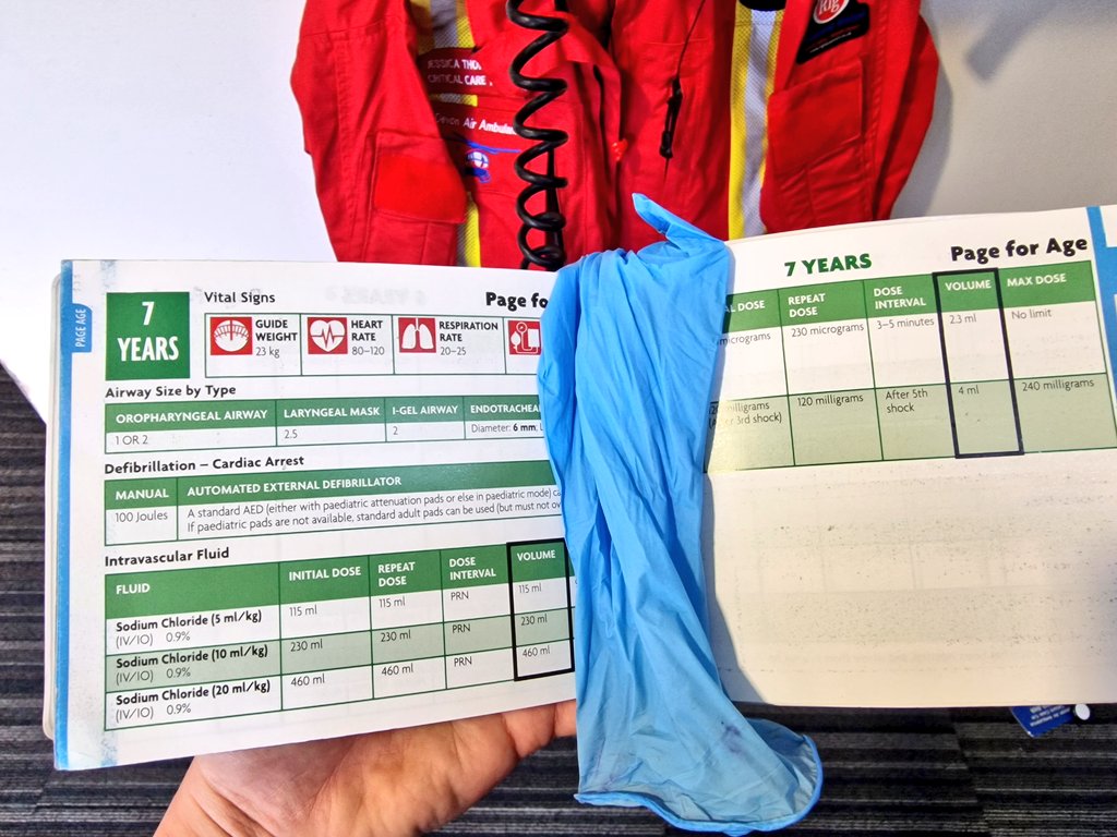 A simple #prehospitalpearl: on the way to a paediatric patient, add a glove to the relevant 'page for age' of printed JRCALC so you can quickly find rough parameters/airway kit sizes/certain drugs etc (& check guidelines for any drug deviations as per your trust's local policy)