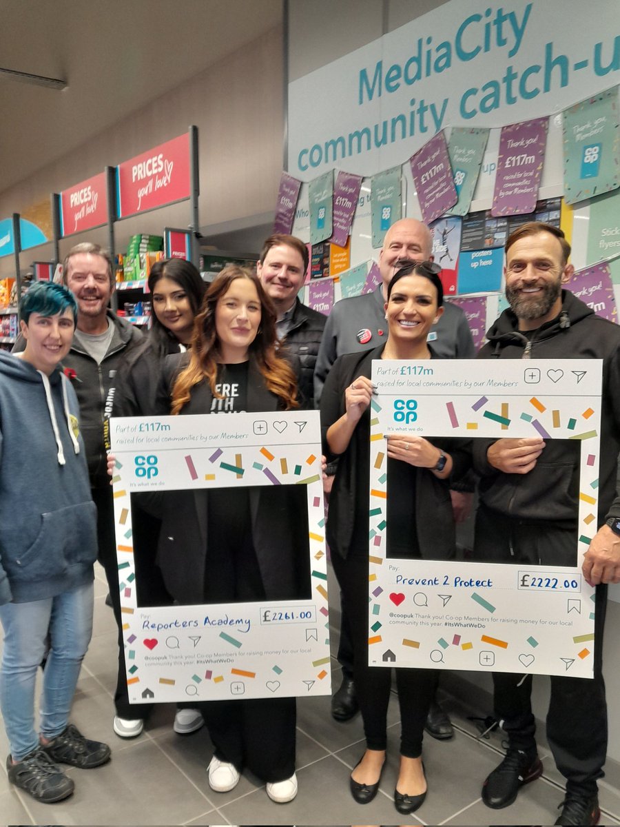 Great to welcome Prevent 2 Protect @Prevent_2 and The Reporters Academy @TRAcademy to our Media City Store earlier today to celebrate the funds raised by co-op members to support young people across Salford. #ItsWhatWeDo