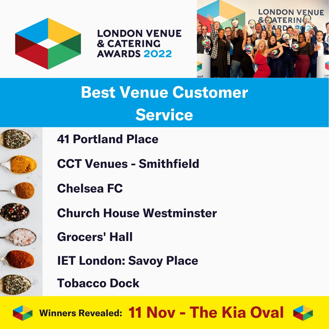 🎉Congratulations to the Best Venue Customer Service finalists at the London Venue &amp; Catering Awards. Find out who wins on 11th Nov - Good Luck to you all!
➡️bit.ly/3dqfjBN
#LondonVenues #LondonCatering #LVCA22