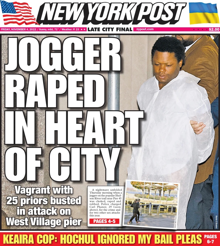 nypost's tweet photo. Today's cover: Homeless man with 25 prior arrests busted in rape of NYC jogger, is suspect in two other sex crimes https://t.co/egCfesklgY https://t.co/FPgZxrRHum
