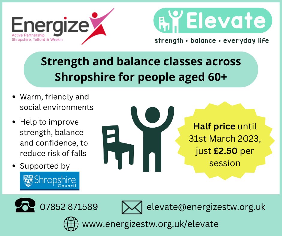 Are you over 60 and keen to improve your strength and balance in a friendly and social environment this Winter? Elevate can help! Classes are located in various locations in Shrewsbury and are followed by some social time and refreshments. Contact Energise to find out more!