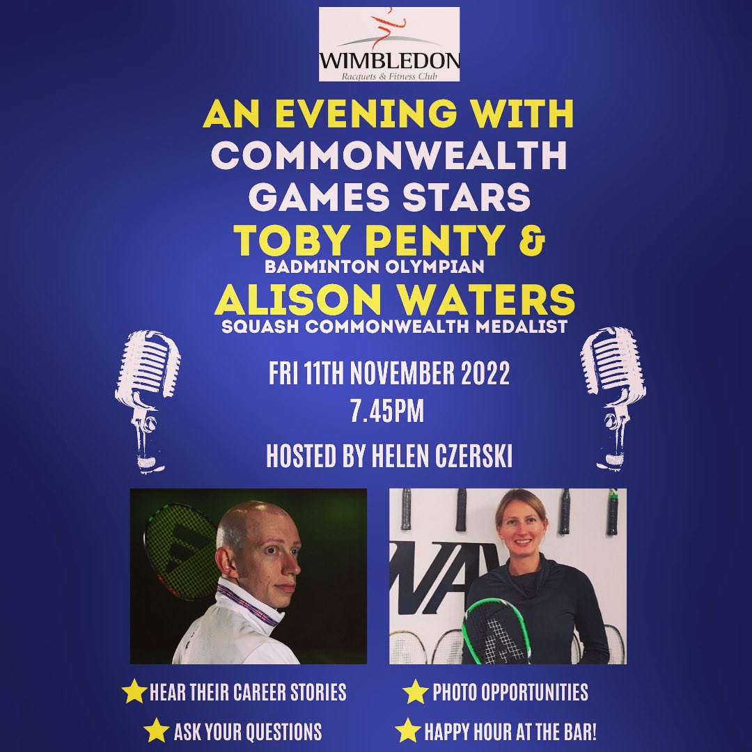 Wimbledon Racquets (@wimbledonracque) on Twitter photo 🚨Only 1 week to go until we host this fantastic evening with <a href="/TobyPenty/">Toby Penty</a> & <a href="/Aliwat1/">Alison Waters</a>
Come along with friends & family to hear their career stories & take advantage of photo opportunities 📸
Non members welcome - no costs involved.
#wimbledon #badminton #squash 🚨Only 1 week to go until we host this fantastic evening with <a href="/TobyPenty/">Toby Penty</a> & <a href="/Aliwat1/">Alison Waters</a>
Come along with friends & family to hear their career stories & take advantage of photo opportunities 📸
Non members welcome - no costs involved.
#wimbledon #badminton #squash