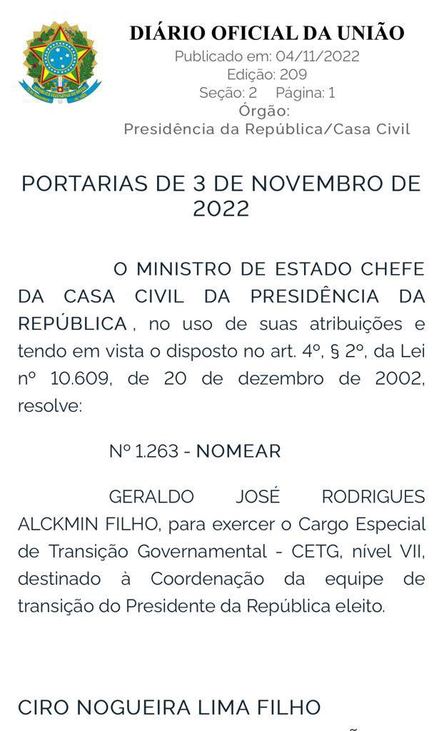 Print do Diário Oficial da União mostra nomeação de Geraldo Alckmin para a transição do governo.