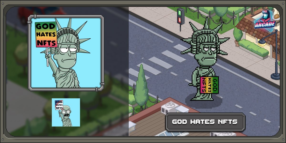 The statue of liberty has entered the building 🔥

We're excited to announce our partnership with <a href="/GodHatesNFTees/">God Hates NFTs 🐇</a> All Holders will be able to use it as a playable character in the Arcade #Metaverse