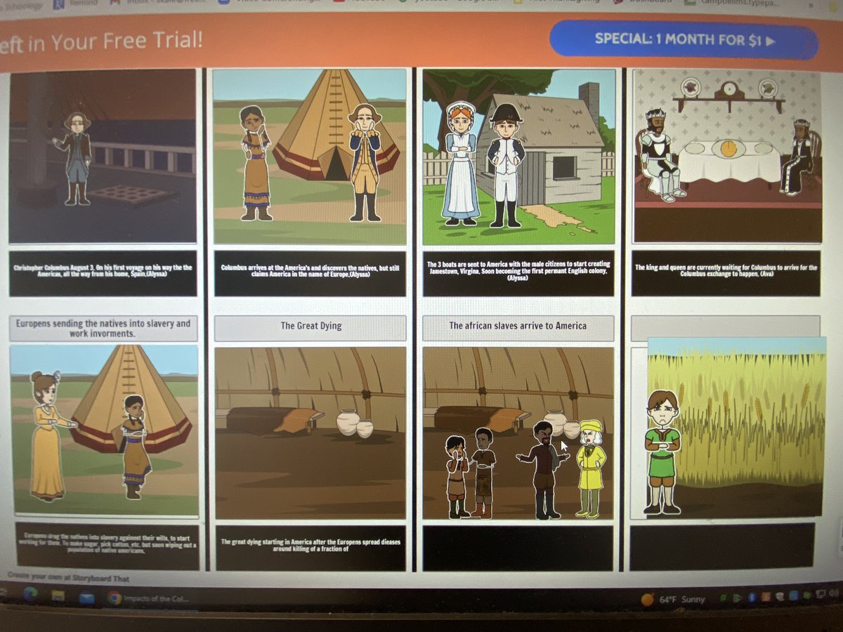 StacyKale2's tweet photo. @CTBarkalow Creating graphic essays that examine the positive and negative outcomes of the Colombian Exchange. 7th grade social studies students are using  #Storyboardthat to make their learning come alive! We are all having a lot of fun learning this together😎 https://t.co/wP46yCbCSg