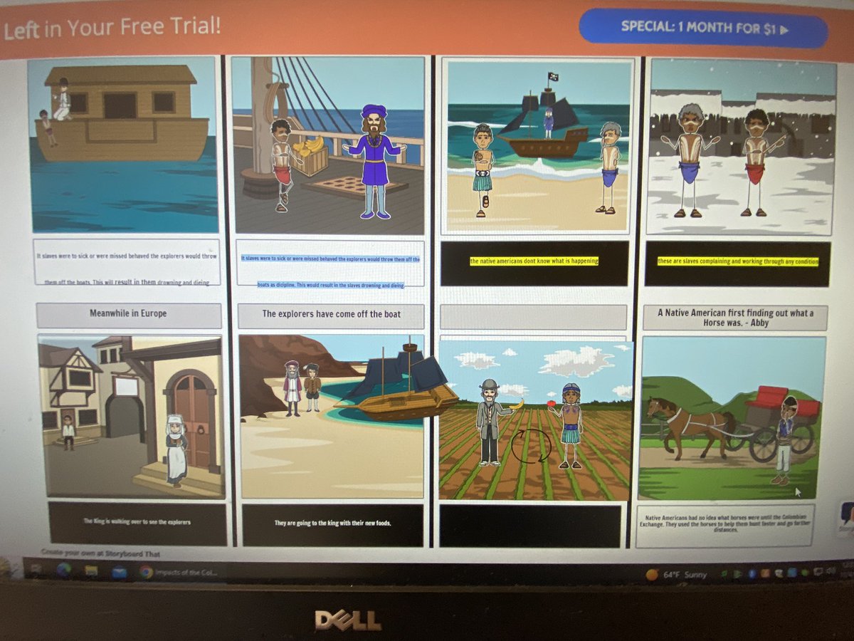 StacyKale2's tweet photo. @CTBarkalow Creating graphic essays that examine the positive and negative outcomes of the Colombian Exchange. 7th grade social studies students are using  #Storyboardthat to make their learning come alive! We are all having a lot of fun learning this together😎 https://t.co/wP46yCbCSg