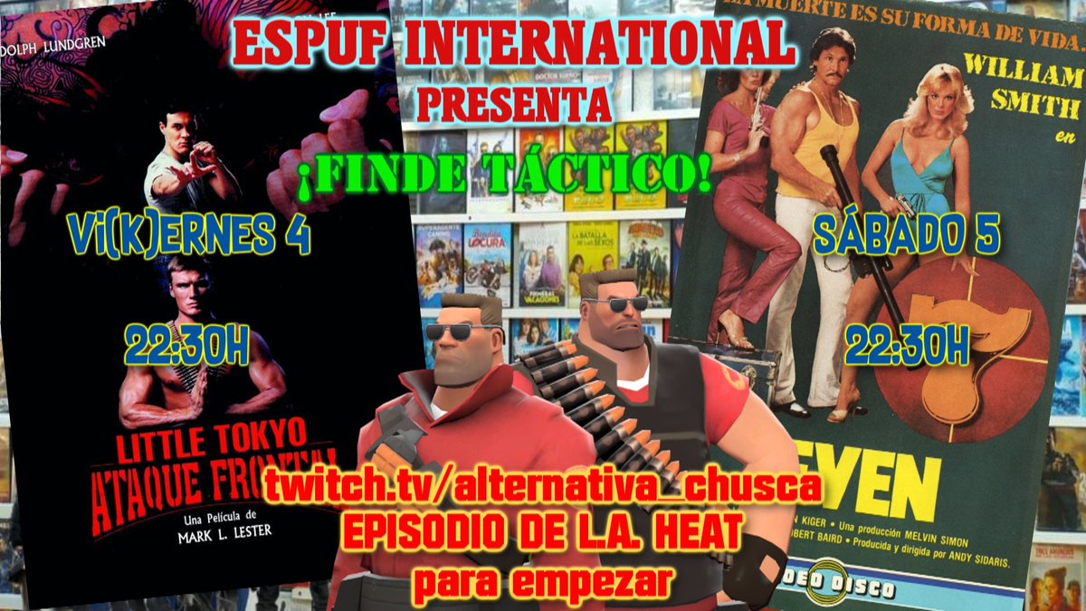Este finde le damos un repaso al videoclub con dos peliculones (uno más que otro). Este viernes atacamos Little Tokio y el sábado seremos mercenarios chuscos. Y antes un episodio de L.A. Heat para empezar. En Tuich (twitch.tv/alternativa_ch…) a las 22:30. #Amitafo #FindeTáctico