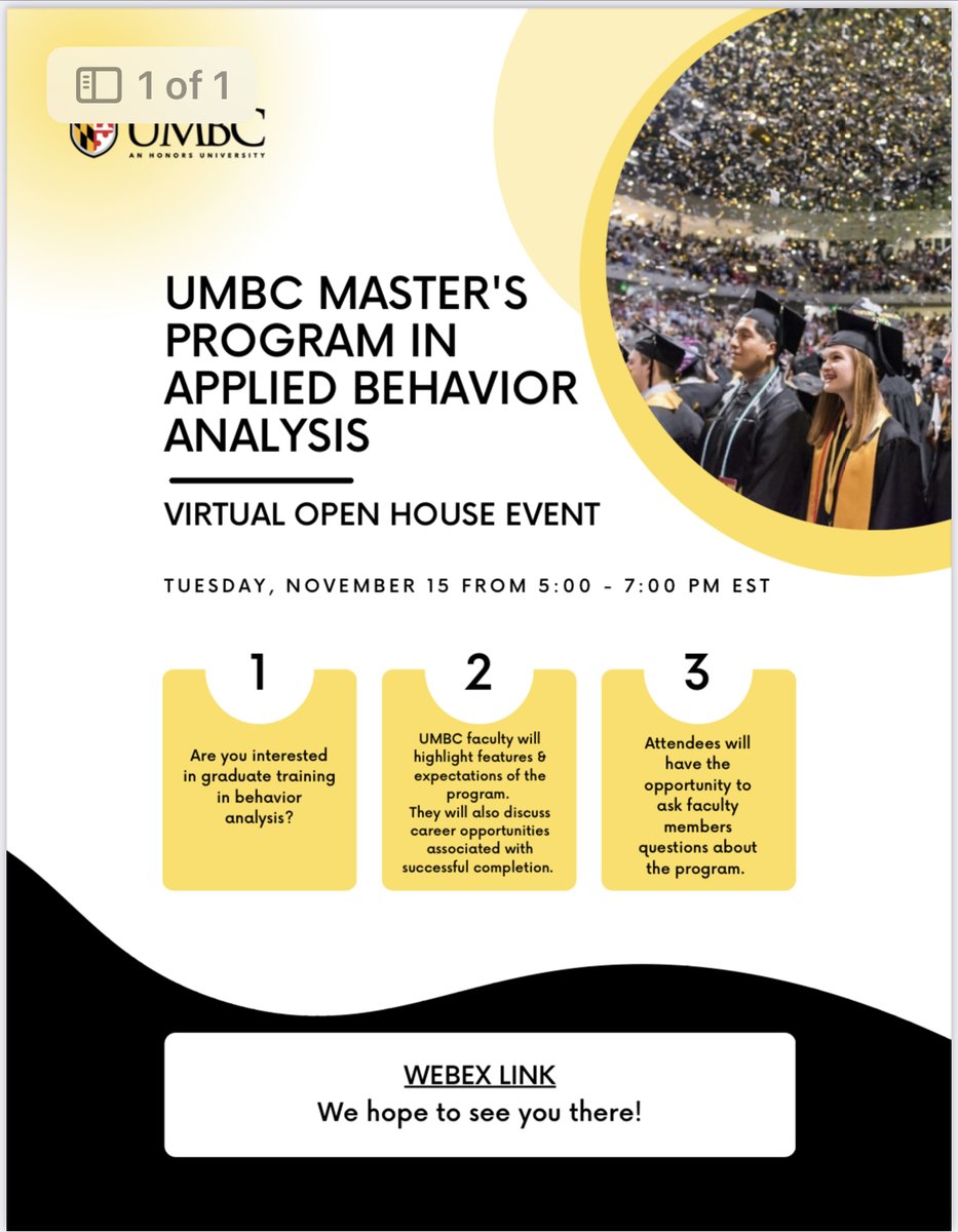 The UMBC Applied Behavior Analysis program will hold a VIRTUAL Open House on November 15, 2022 from 5 pm to 7 pm (eastern).

The WebEx link follows:

umbc.webex.com/wbxmjs/joinser…
