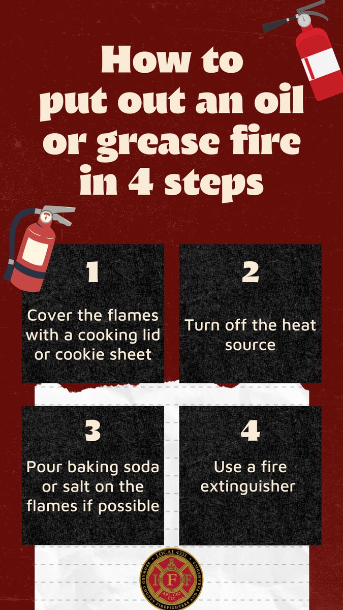 iaff4321's tweet image. Here are 4 steps for putting out an oil or grease fire in your home.
#firesafety #greasefire