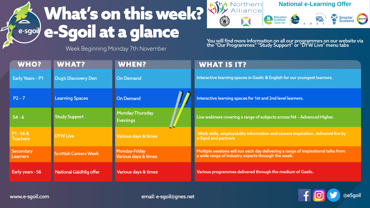 eSgoil's tweet photo. Our weekly timetables for w/b 7th Nov are below.

Why not sign up for the first of 6 DYW Live themed weeks with Scottish Careers Week. 

Our expanded Study Support offer continues with over 50 webinars now available weekly.
More info on our website https://t.co/ABK0rDyJq8

#NeLO https://t.co/9CQx35KdEV