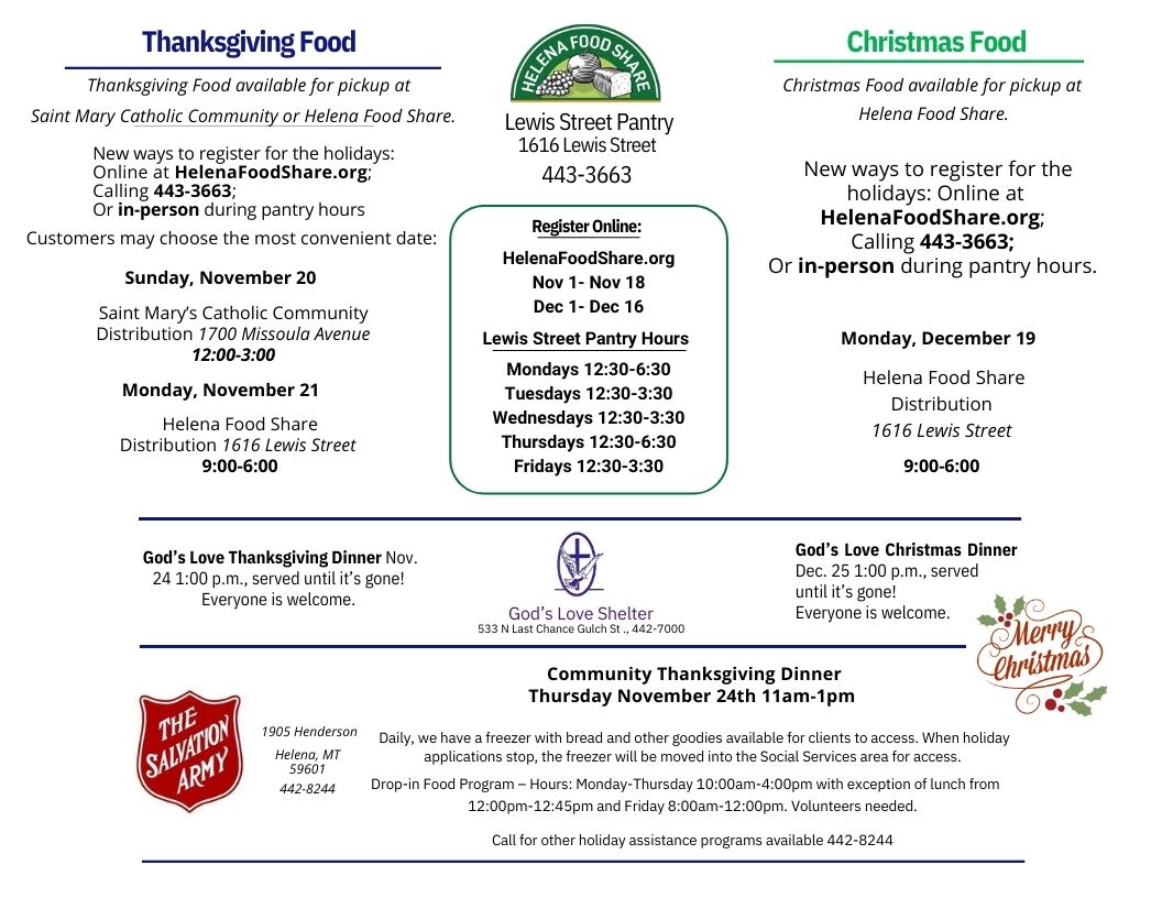 unitedwaylca's tweet photo. Looking for holiday help? We have put together a list of local organizations offering assistance for holiday meals and gifts. Please reach out to the agency itself with additional questions. #unitedway #liveunited #holidayhelper #helena #montana #holidayseason #406holidays https://t.co/IjmarbGaer