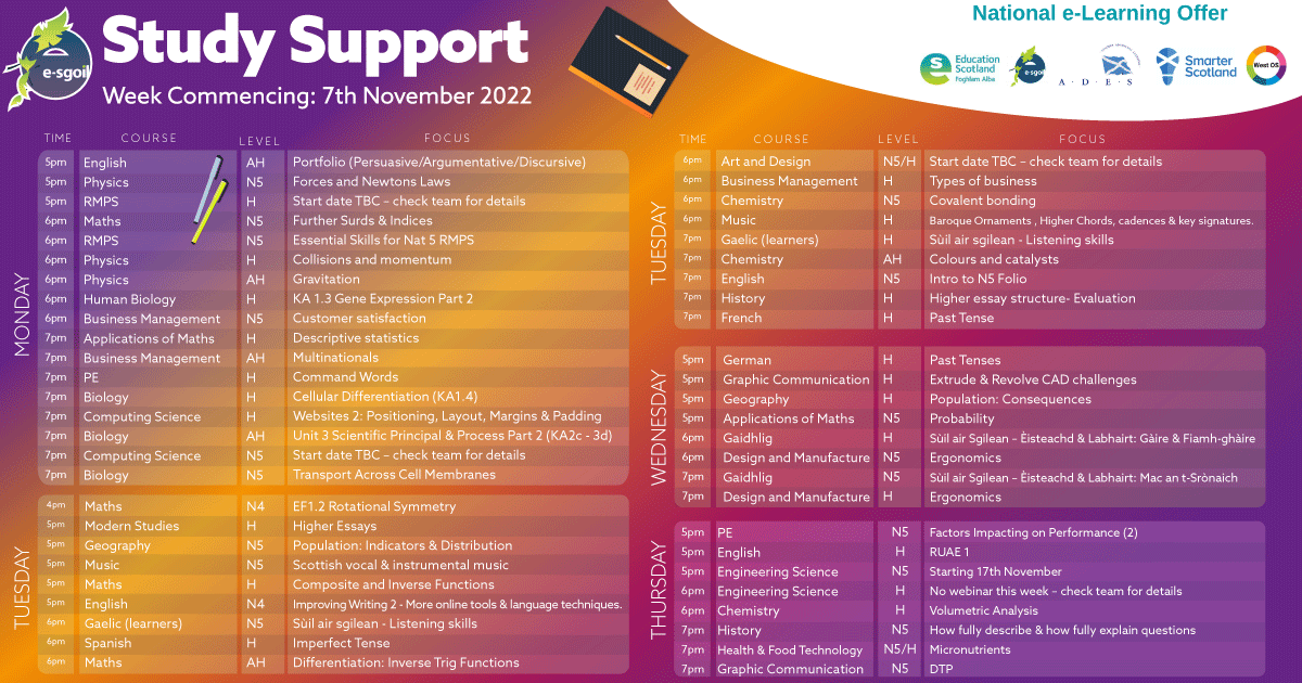 eSgoil's tweet photo. Our weekly timetables for w/b 7th Nov are below.

Why not sign up for the first of 6 DYW Live themed weeks with Scottish Careers Week. 

Our expanded Study Support offer continues with over 50 webinars now available weekly.
More info on our website https://t.co/ABK0rDyJq8

#NeLO https://t.co/9CQx35KdEV