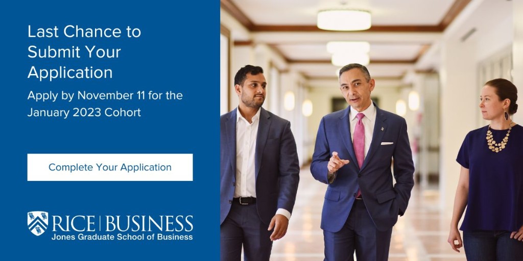 The online MBA@Rice program seeks ambitious professionals with a diverse array of experiences, backgrounds and skill sets—that's why upon applying, you'll be evaluated based on a variety of elements aside from test scores. Learn more: bit.ly/3SmcUqF
