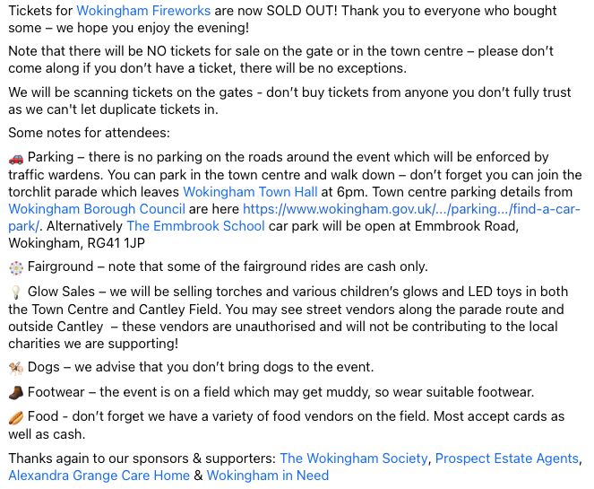 WokinghamFire's tweet photo. We’ve now sold out of all tickets for @WokinghamFireworks 2022! Thanks to everyone who purchased – we hope you enjoy the evening!
Thanks again to our sponsors &amp; supporters: The Wokingham Society, @ProspectAgency , @HCH_Wokingham  &amp; @WokinghamInNeed 

#wokinghamfireworks #woky https://t.co/8lpFIeBQzD
