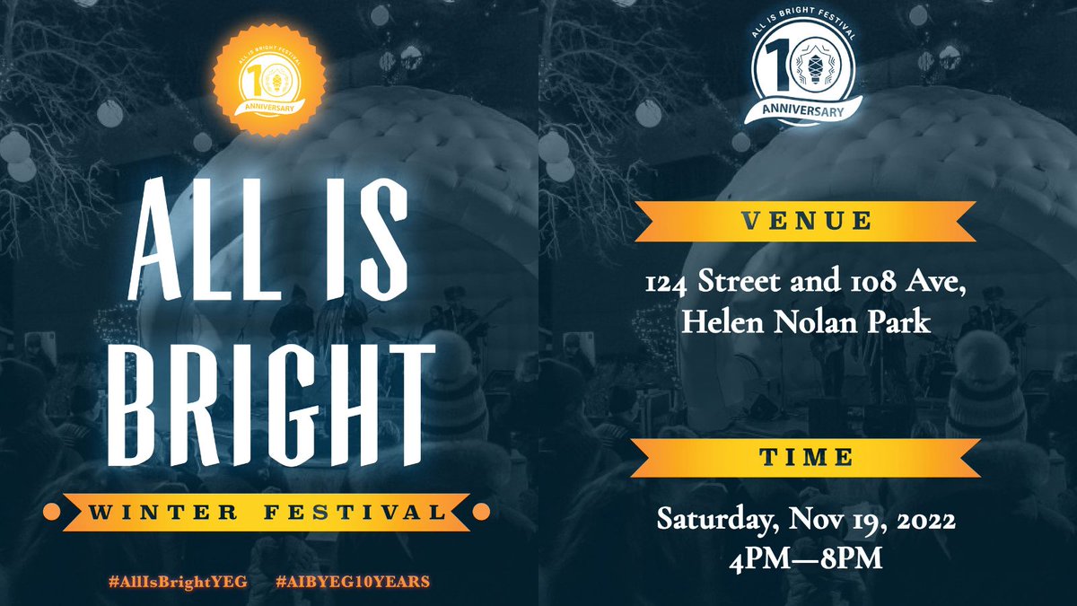 124 Street & Area Business Association's free annual light-up winter festival, All Is Bright, is on November 19th. ✨2022 is an exciting year as they are celebrating the 10th year of the festival. Visit the #AllIsBrightYEG events page for more info: 124street.ca/event/all-is-b….