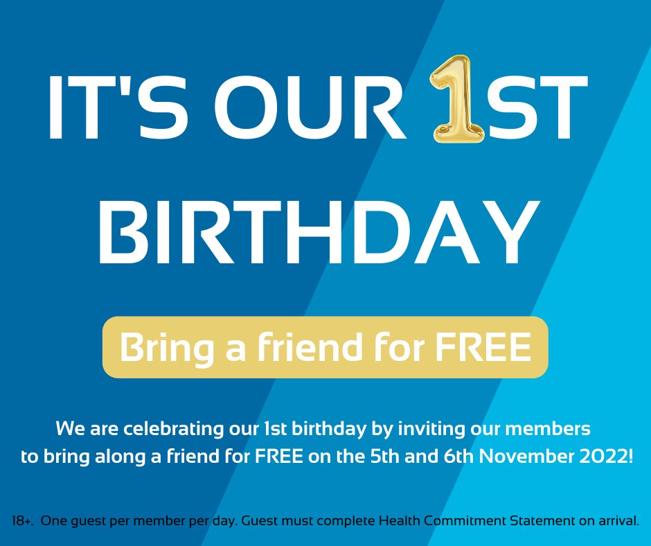 Bring your friend along for FREE this weekend only! 

We are celebrating our 1st Birthday at Eastbourne Sports Park by getting everybody involved.

18+. One guest per member per day. Guest must complete Health Commitment Statement on arrival.
