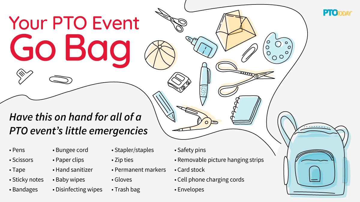 ptotoday's tweet photo. PTO Parent Go Bag—because you never know what you might need! #pto #pta #ptolife #ptalife #ptomom #ptamom #parentgroups #DoGoodThings4Kids #WhyPTA #PTA4Kids #PowerOfPTA #weloveteachers #volunteer #schoolvolunteer #parentvolunteer https://t.co/T39l0qAvFS