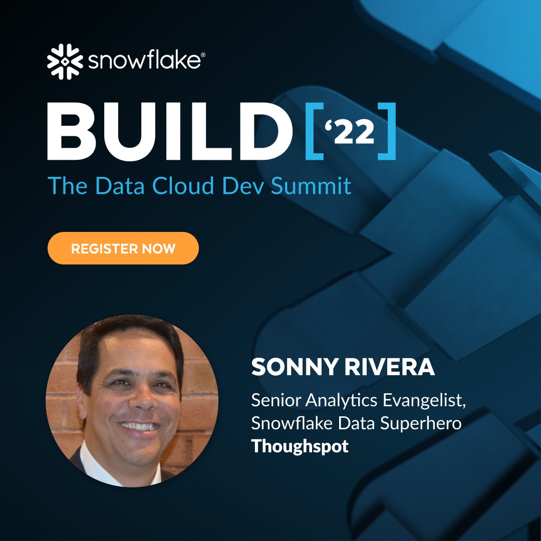We're excited to have Sonny Rivera, Snowflake #DataSuperhero and Senior Analytics Evangelist at <a href="/thoughtspot/">ThoughtSpot</a>, speak at #SnowflakeBUILD! Save your seat today:  okt.to/3GWd21