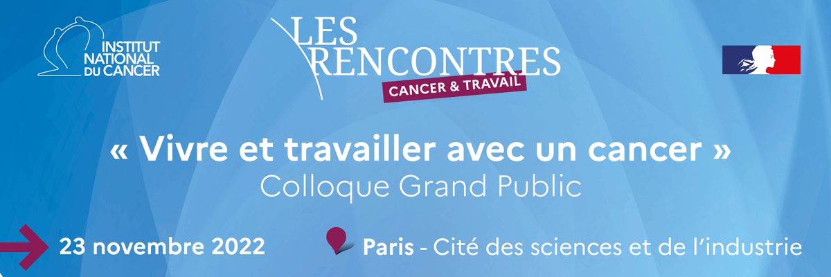 🗓️23/11 – Colloque « Vivre et travailler avec un cancer »  <a href="/citedessciences/">Cité des sciences et de l'industrie</a>. 1 conférence théâtralisée, 4 masterclass et 2 tables rondes autour des enjeux et difficultés liés au maintien et au retour en emploi des personnes touchées par un #cancer. 
ℹ️ rencontresinca-cancertravail.fr