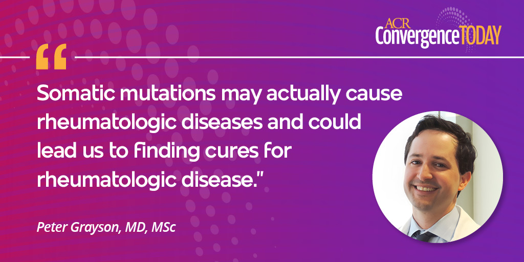 ACRheum's tweet photo. The Basic and Clinical Research Conference at #ACR22 will highlight the emerging understanding of somatic mutations. Learn more in ACR Convergence Today → https://t.co/FjUTkQatyf @petercgrayson https://t.co/M8uH6dUvNr