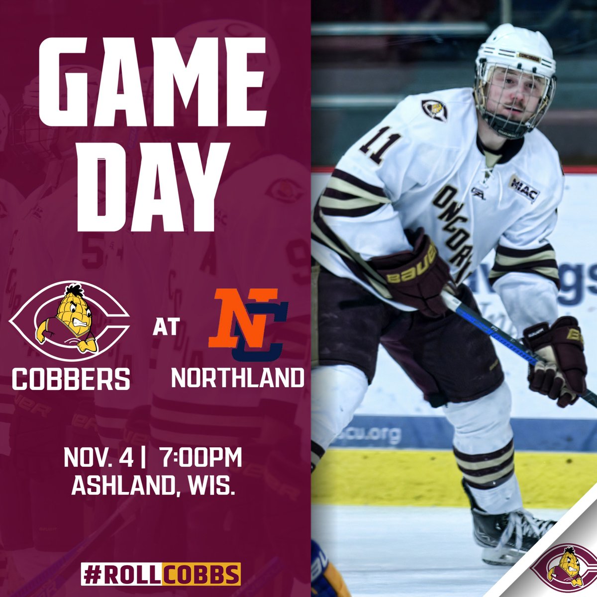 GAMEDAY! Men's headed back to the land of 🧀 for 2 more games. They kick off their weekend in Ashland, Wis. Can CC make it 2 🇼's in a row? Fans can follow along with live video & stats to find out! #RollCobbs🌽