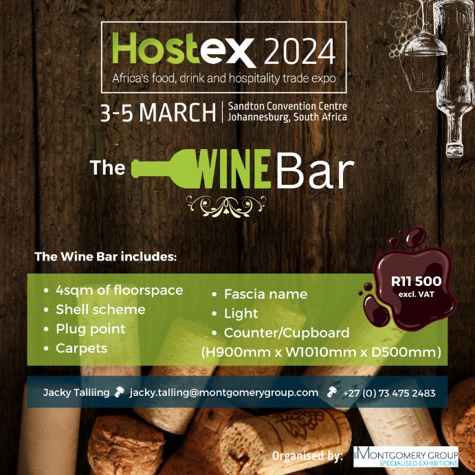 Hostex 2024 is expanding its floorspace, bringing you the opportunity to showcase at #TheWineBar. Be front and centre at Africa's largest food, drink and hospitality trade expo - and connect with decision makers.

#Hostex2024 #Hostex #SpecialisedExhibitions #Montgomery1895