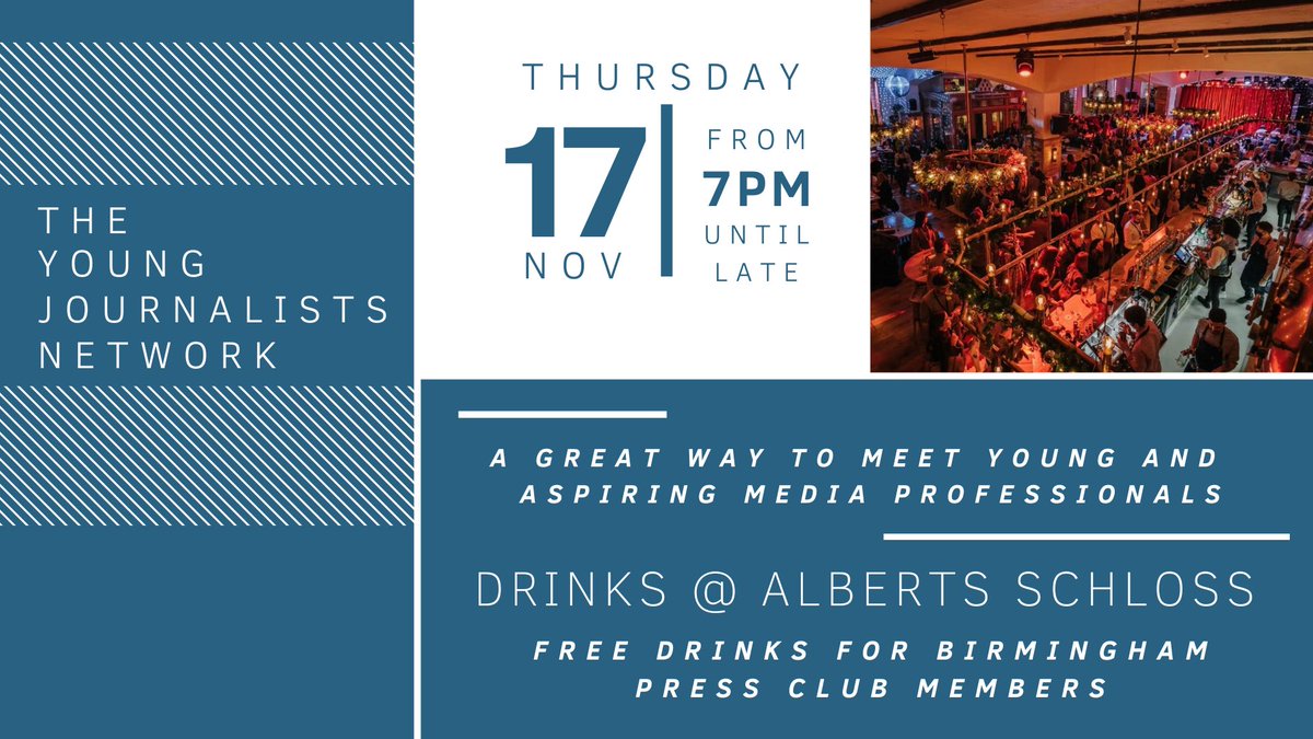 TYJNBrum's tweet image. \\\ NEW DATE ANNOUNCED \\\

Join us at @AlbertsSchloss in Birmingham on Thursday 17th November 2022 from 7pm.

Meet other young media professionals and students based in the Midlands.

Free drinks for @bhampressclub members 🍻 (Sign up available)
