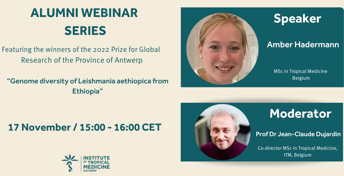 Institute of Tropical Medicine Antwerp (@itmantwerp) on Twitter photo We're hosting another alumni webinar! We'll be welcoming MTM-alumna and laureate Amber Hadermann to share insights from her master thesis, entitled “Genome diversity of #Leishmania aethiopica from Ethiopia.” See you on Thursday, 4 October 9.30am (CEST)! itg.zoom.us/webinar/regist… We're hosting another alumni webinar! We'll be welcoming MTM-alumna and laureate Amber Hadermann to share insights from her master thesis, entitled “Genome diversity of #Leishmania aethiopica from Ethiopia.” See you on Thursday, 4 October 9.30am (CEST)! itg.zoom.us/webinar/regist…