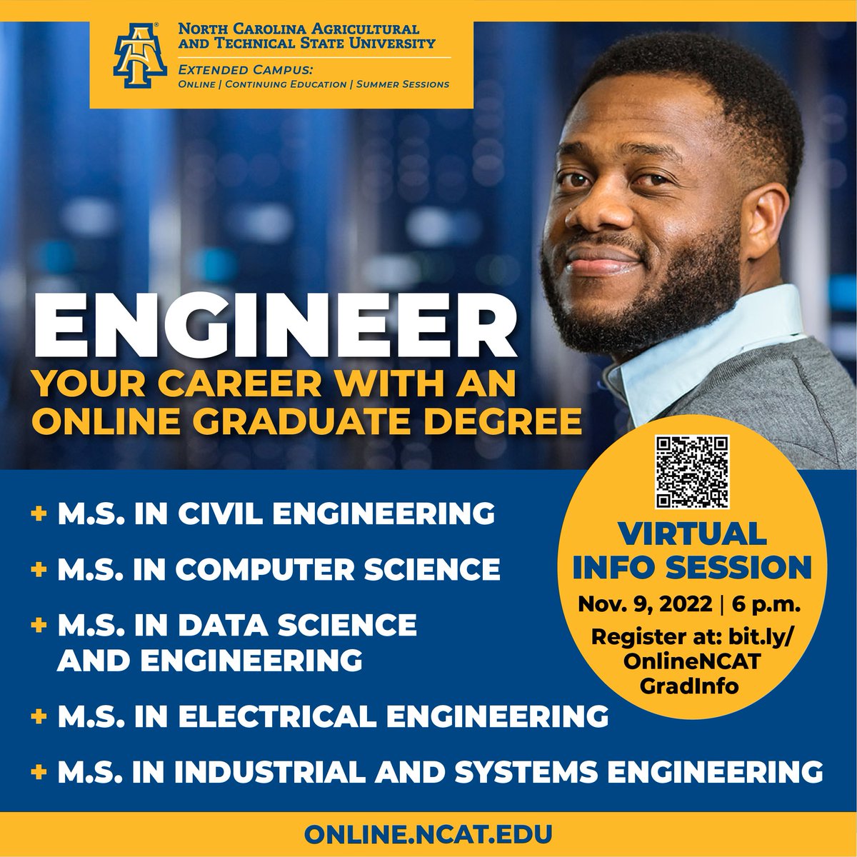 N.C. A&T College of Engineering (@ncatengineering) on Twitter photo 🚨 Attention, #ncatengineers 🚨 <a href="/NCAT_ECampus/">N.C. A&T Extended Campus</a>
Is hosting an info session for online graduate degrees. Join them on Nov 9 at 6 p.m. register using the link below.
ncat.zoom.us/meeting/regist… 🚨 Attention, #ncatengineers 🚨 <a href="/NCAT_ECampus/">N.C. A&T Extended Campus</a>
Is hosting an info session for online graduate degrees. Join them on Nov 9 at 6 p.m. register using the link below.
ncat.zoom.us/meeting/regist…