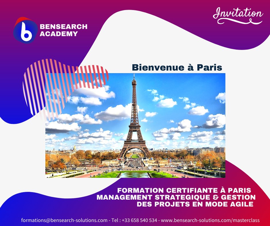 Bensearchsolut1's tweet photo. Invitation :
Bensearch Solutions vous invite à Paris-Sorbonne  pour suivre une formation certifiante et intensive de 9 jours (09 au 18 décembre 2022) sur le thème " Masterclass en Management Stratégique et Gestion des Projets en mode Agile" . 
👉✨ https://t.co/fJsBfisbst ✨ https://t.co/OPfZYRWuiY