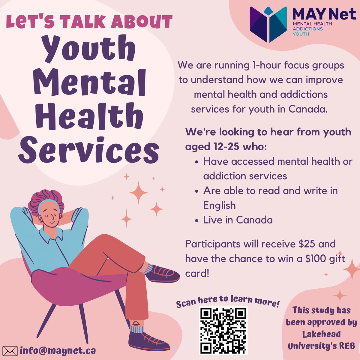 We’re still looking for participants for our MAYNet focus groups.

If you’re interested, check out the link below or scan the QR code to sign up.

redcap.sjcg.net/surveys/?s=XDN…
-
#youth #mentalhealth #maynet #addiction #services #research #canada