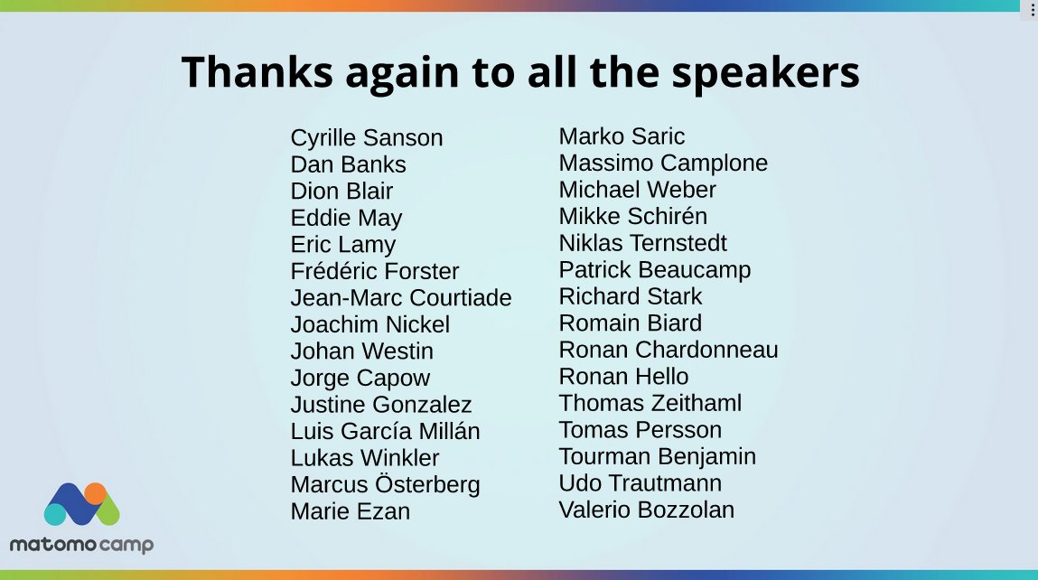 Big thanks to all the speakers of MatomoCamp 2022. 
Thank you for making this another great edition.