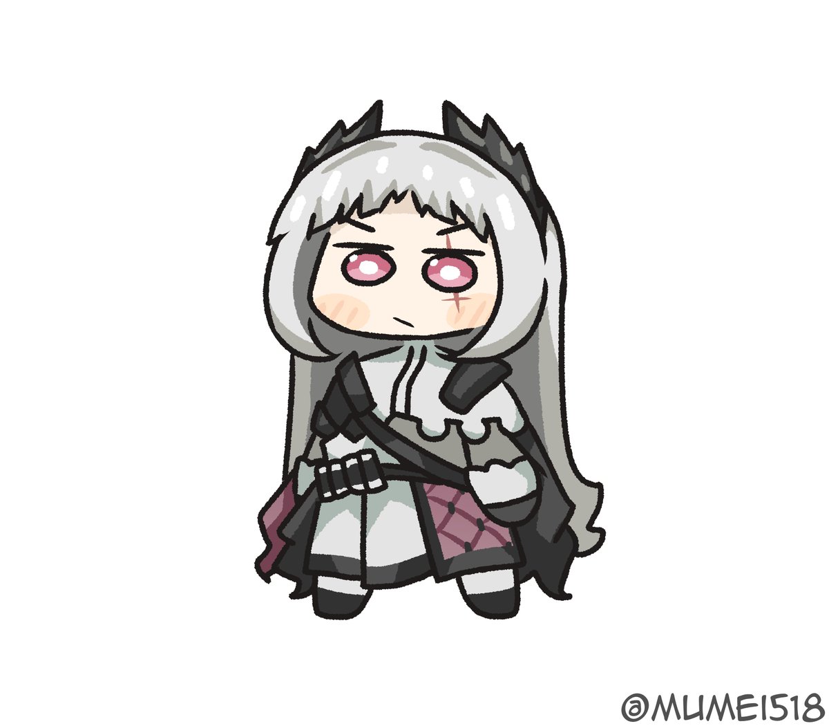 irene (arknights) 1girl solo chibi white background grey hair simple background long hair  illustration images