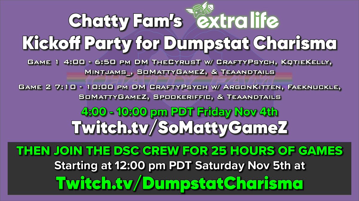 With our big #ExtraLife2022 weekend with <a href="/dumpstatcha/">DumpStat Charisma</a> &amp; <a href="/allnerdshere/">All Nerds Here | Wednesdays at 8:30pm ET!</a> happening tomorrow, tonight we are throwing a Kickoff Party with back to back #DnD5e games from 4-10pm PDT with the #ChattyFam! Raising money for Seattle Children's Hospital and your donations affect our games!