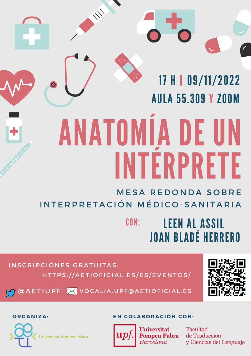 TraduccioUPF's tweet photo. T'agrada la traducció cientificotècnica? T'interessa la interpretació en entorns socials?  

No et perdis la taula rodona "Anatomía de un intérprete" que organitza l'@AETIUPF.

🗓️ 9/11/22
🕐 17 h
📌 55.309 (Campus Poblenou UPF) i Zoom

Més informació:
➡️ https://t.co/n0gMQaeO9A https://t.co/miukhQ5UvO