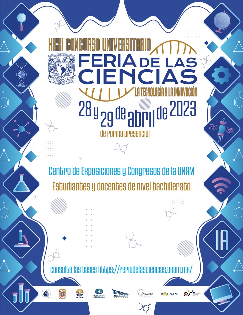 CCHUNAM's tweet photo. XXXI Concurso Universitario Feria de las Ciencias La tecnología y la innovación

28 y 29 de abril de 2023
Centro de Exposiciones y Congresos de la UNAM

Consulta: https://t.co/GgFVsf4P2r https://t.co/Zs5sQcnOci