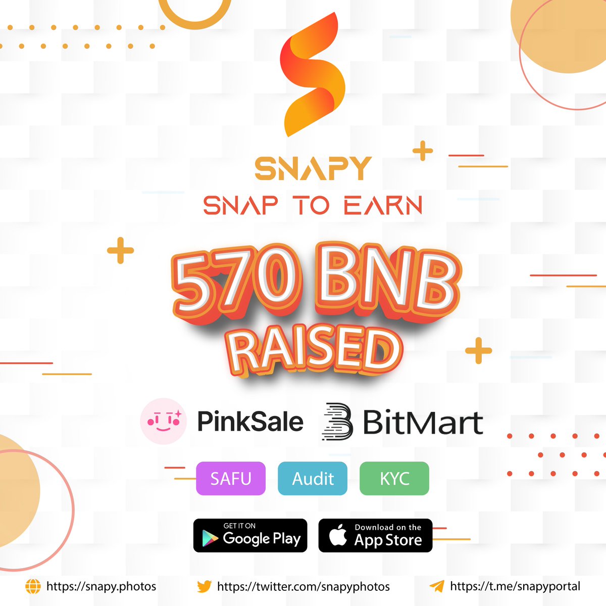 Congratulations To Everyone Who Participated in SNAPY PreSale.📸

We Incredibly Raised 570BNB's.

#SPY will be live on 5th November 2022 at 16:00 UTC on @pancakeSwap.
