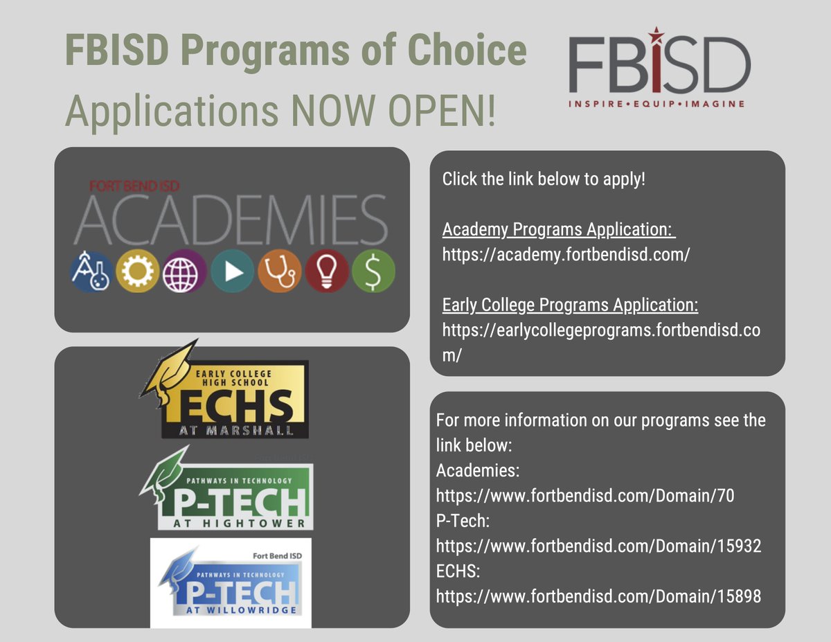 FortBendISD's tweet photo. The application for all FBISD high school programs for the 2023-24 school year is now open and closes on December 9. All 8th grade students are invited to apply.

Academy Application: https://t.co/tDQS8xiOoX
Early College Programs Application: https://t.co/Vy0gmDutJO https://t.co/YTDMdqYc8k